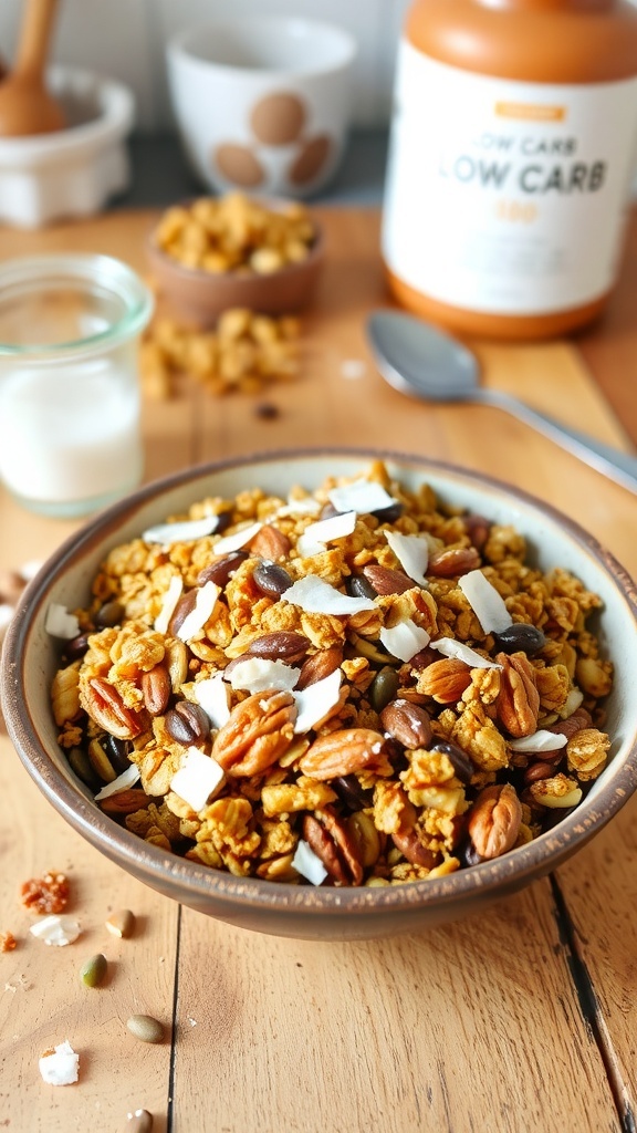 Low Carb Granola Recipe A bowl of low carb granola with nuts and seeds, coconut flakes, on a wooden table with sweetener jar.